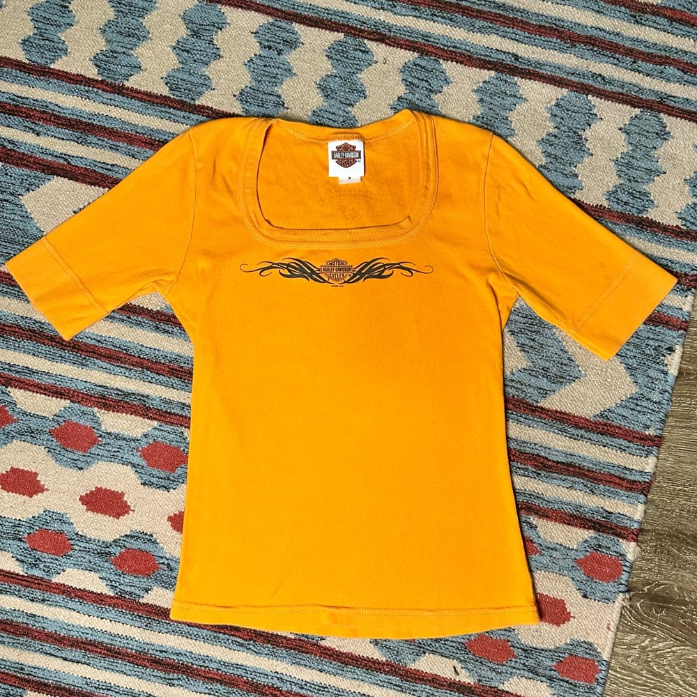 Harley-Davidson Y2K Orange Fitted Graphic Short Sleeve Tee